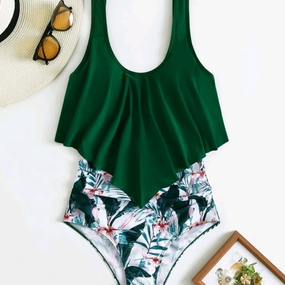 NEW Green Floral Kids One Piece Swimsuit